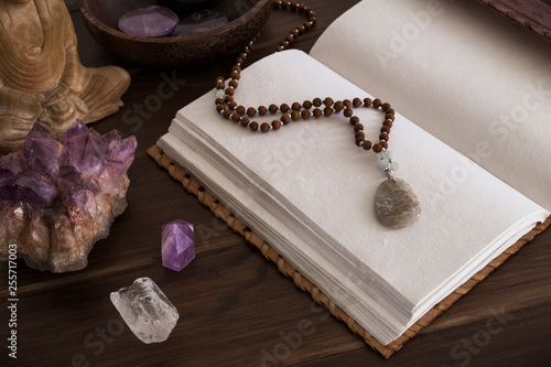 Obraz na plátně Open Journal or Notebook Surrounded by Crystals on a Wooden Surface