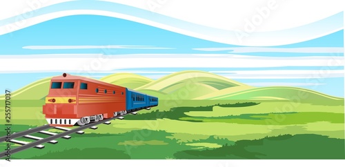 The train driving on railroad at the steppe landscape vector
