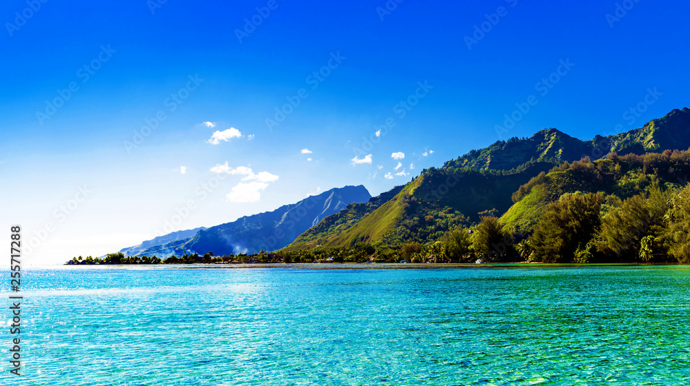 View of the seascape, Moorea island, French Polynesia. Copy space for text.