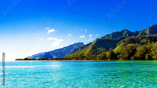 View of the seascape, Moorea island, French Polynesia. Copy space for text. © ggfoto