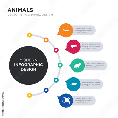 modern business infographic illustration design contains manta ray, marten, mink, mole, mongoose simple vector icons. set of 5 isolated filled icons. editable sign and symbols