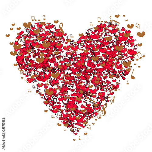 Valentines heart made from music notes - abstract design. Valentine card, red heart on white background,