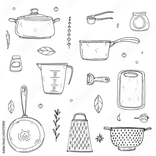 Set of elements with hand drawn kitchenware on isolate on a white background.