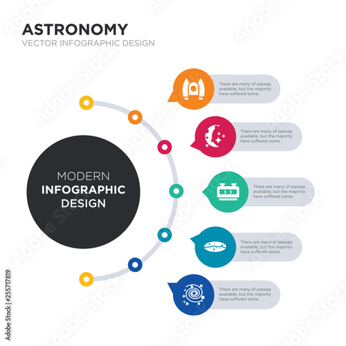 modern business infographic illustration design contains galaxy, gamma ray, generator, half moon, jet pack simple vector icons. set of 5 isolated filled icons. editable sign and symbols