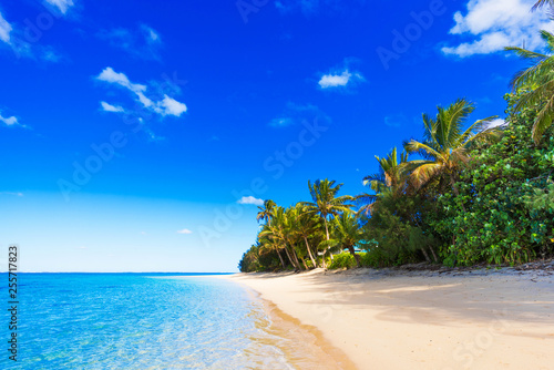 View of the sandy beach, Cook Islands, South Pacific. Copy space for text.