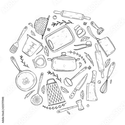 circle made of elements with hand drawn kitchenware on isolate on a white background.