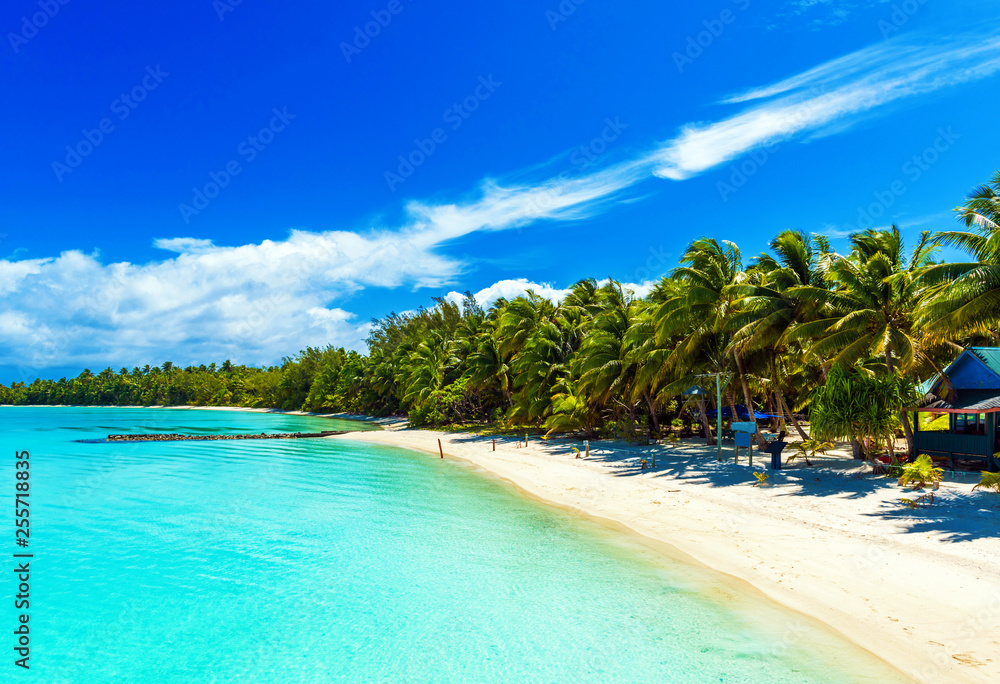 Fototapeta premium Stunning tropical Aitutaki island with palm trees, white sand, turquoise ocean water and blue sky at Cook Islands, South Pacific. Copy space for text.