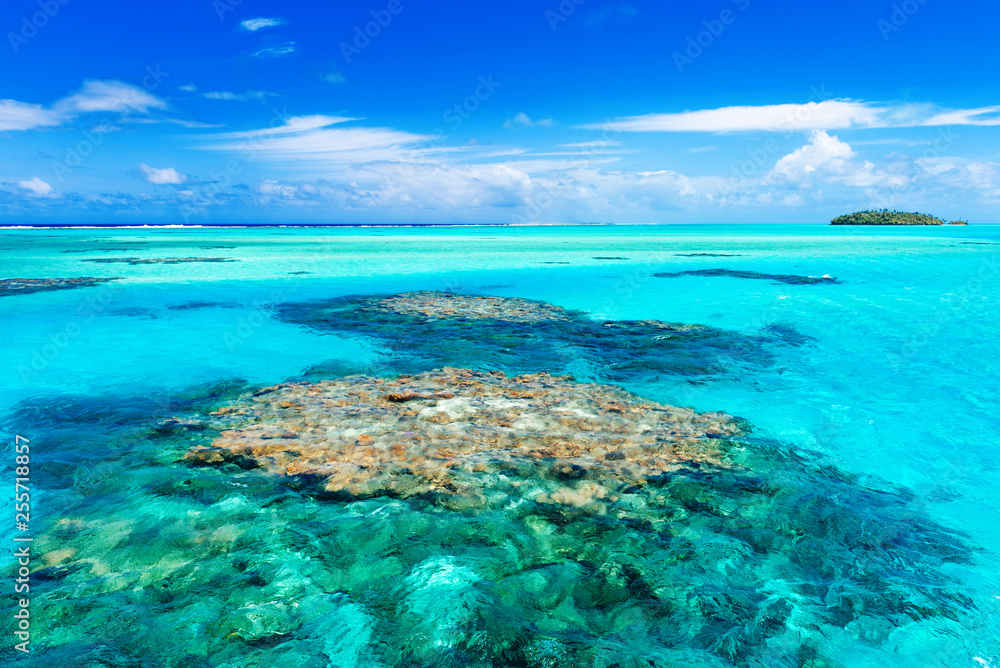 View of the coral reef, Aitutaki island, Cook Islands, South Pacific. Copy space for text.