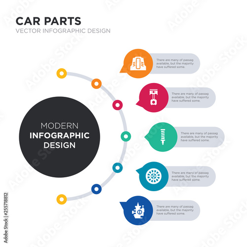modern business infographic illustration design contains car choke, car clutch, car coil, connecting rod, cowl simple vector icons. set of 5 isolated filled icons. editable sign and symbols