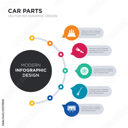 modern business infographic illustration design contains car demister, car dipstick, car disc brake, distributor, distributor cap simple vector icons. set of 5 isolated filled icons. editable sign
