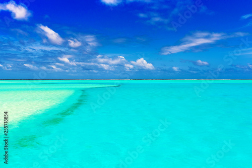 Sandbank with turquoise Water, Aitutaki island, Cook Islands, South Pacific. Copy space for text.