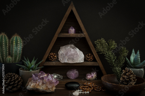 Wallpaper Mural Triangular Crystal Shelf with Plants Foliage Gems and Jewellery on a Wooden Surf
