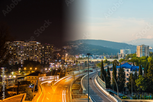 Time-lapse collage of day to night transition. Aerial view of city, mountains and Doubler of Kurortnyy Prospekt highway, Sochi, Russia