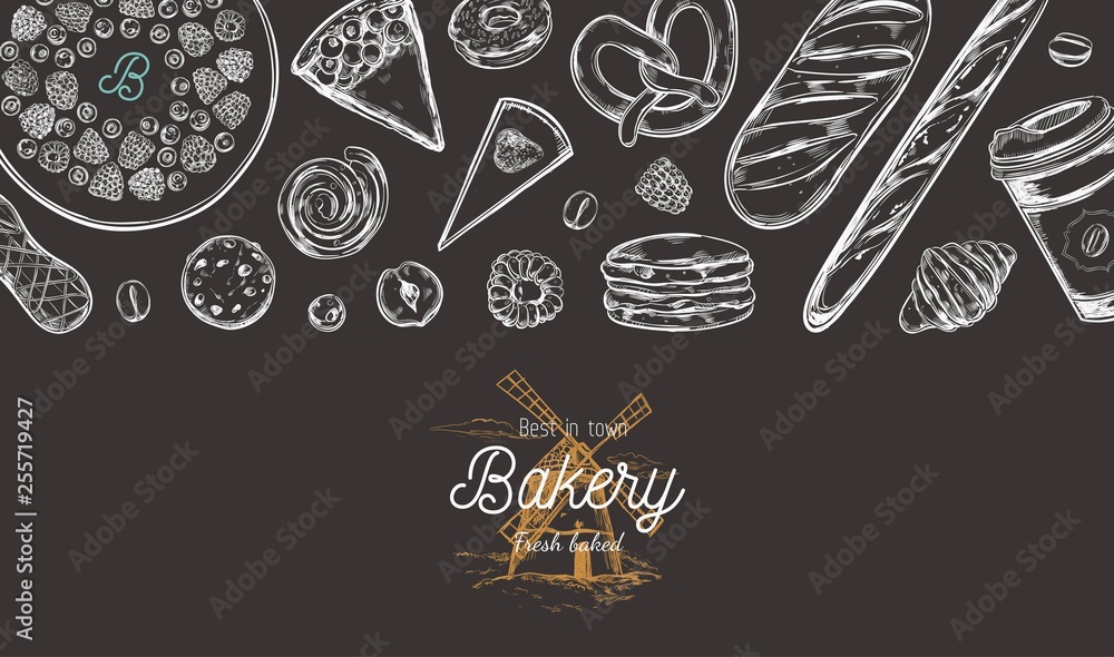 Bakery hand drawn vector top view illustration, collection. Hand drawn sketch with bread, pastry, sweets, cakes, coffee and croissant. Isolated objects Bakery hand drawn vector top view illustration, collection. Hand drawn sketch with bread, pastry, sweets, cakes, coffee and croissant. Isolated objects
