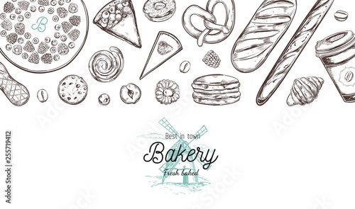 Bakery hand drawn vector top view illustration, collection. Hand drawn sketch with bread, pastry, sweets, cakes, coffee and croissant. Isolated objects