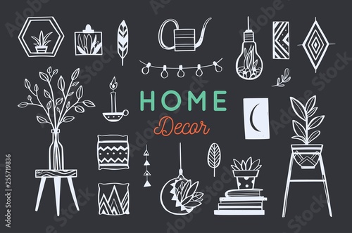 Home decor and House plants vector hand drawn set. Home decorations and interior design elements.Isolated boho and scandinavian cartoon sketches