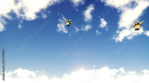 Autonomous delivery of parcels by unmanned drones flying on a Sunny clear day.