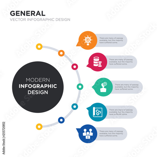 modern business infographic illustration design contains project team, prototyping, quiz, real time data, realization simple vector icons. set of 5 isolated filled icons. editable sign and symbols