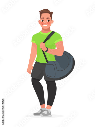 Fitness guy with a sports bag on a white background. Trainer or gym visitor