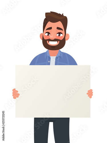 Smiling man is holding a blank poster. Placard for advertising. Vector illustration