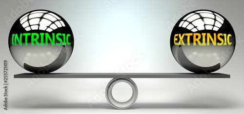 Intrinsic and extrinsic balance, harmony and relation pictured as two equal balls with  text words showing abstract idea and symmetry between two symbols and real life concepts, 3d illustration