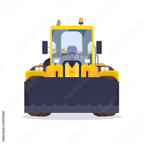 Front view of yellow bulldozer or wheel loader. Flat style vector illustration. Construction vehicle and quarry machinery banner. Modern excavator machine. Loader with front bucket, engine vehicle.