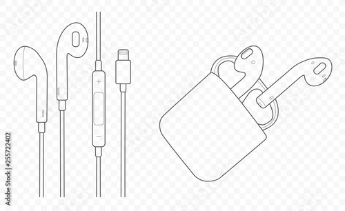 Drawn with lines vector isolated pair of wireless wifi headphones and earphones on transparent background with speaker for listening music and talking. Gadget for phones and smartphones