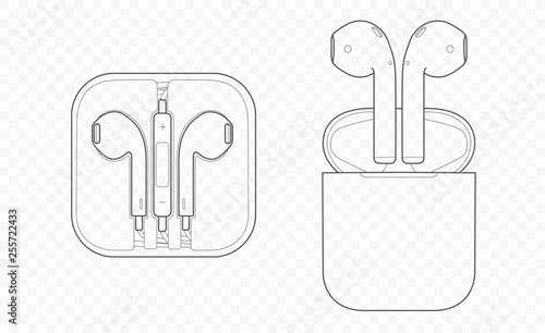 Drawn with lines vector isolated pair of wireless wifi headphones and earphones on transparent background with speaker for listening music and talking. Gadget for phones and smartphones