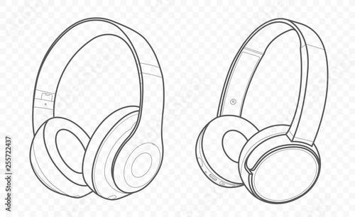 Drawn with lines vector isolated pair of wireless wifi headphones and earphones on transparent background with speaker for listening music and talking. Gadget for phones and smartphones