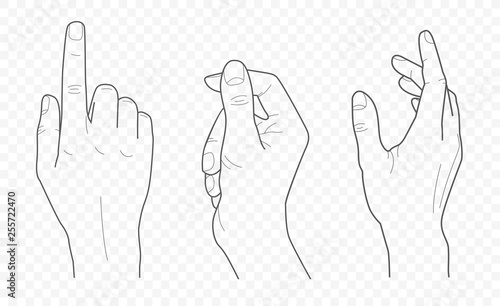 handdrown vector outline and contour illustration of hands with fingers in different gestures with open palms