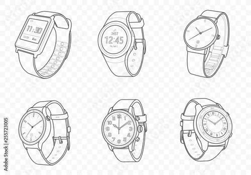 Vector outline luxury quartz and mechanic watches on hand for time control with minutes and hours