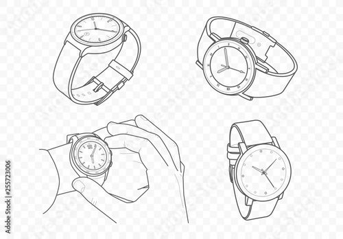Vector outline luxury quartz and mechanic watches on hand for time control with minutes and hours