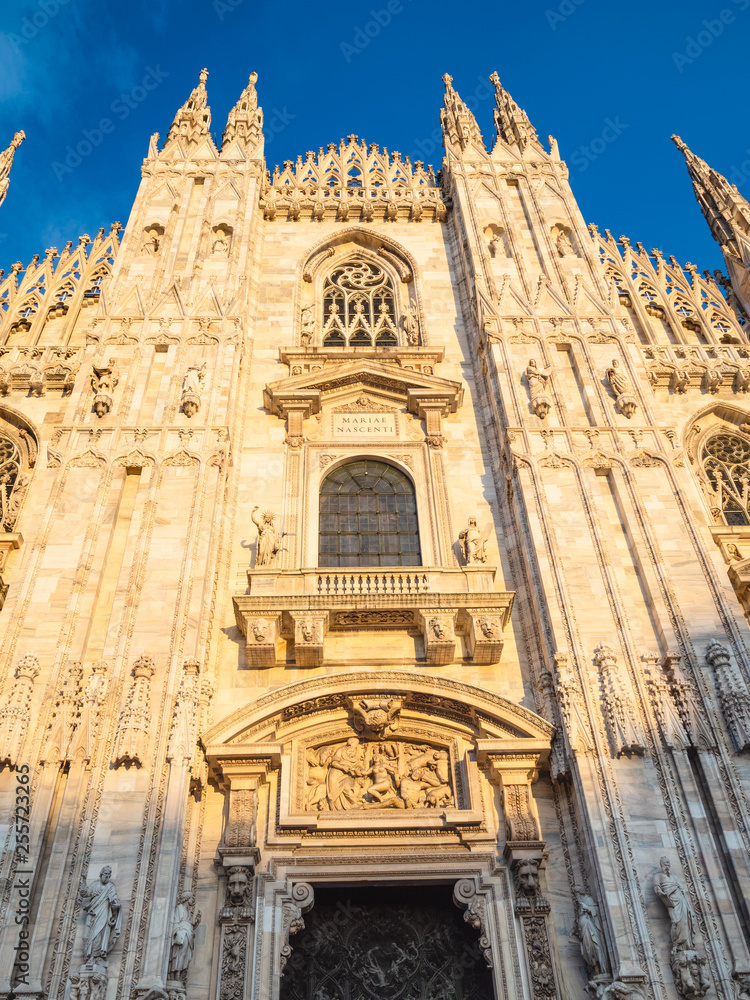 front view of Milan Cathedral at sunset