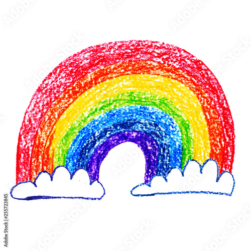 colored rainbow with clouds on a white background painted with pencils watercolor illustration for a kindergarten school.