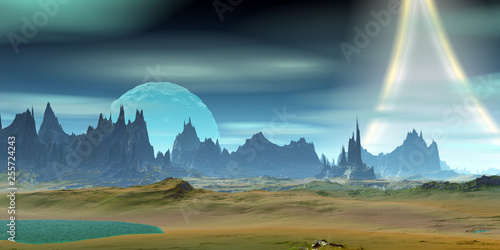 Alien Planet. Mountain and  water. 3D rendering