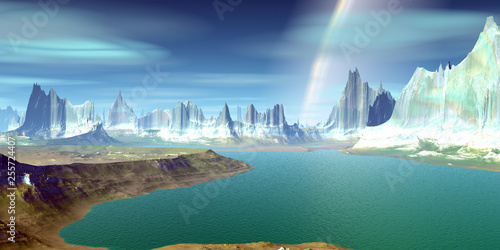 Alien Planet. Mountain and  water. 3D rendering