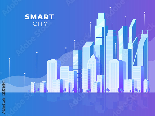 Night city landscape. Modern architecture, buildings, skyscrapers. Flat vector illustration.
