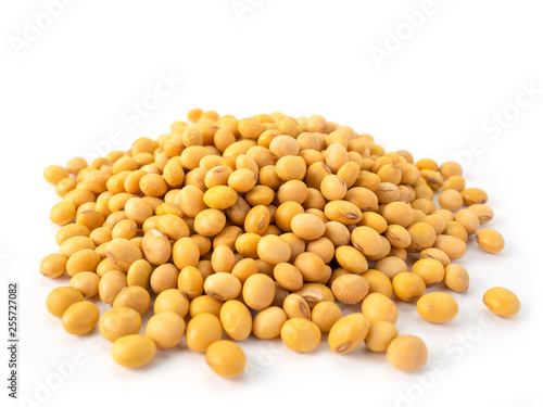 Raw dried soybeans on white background.