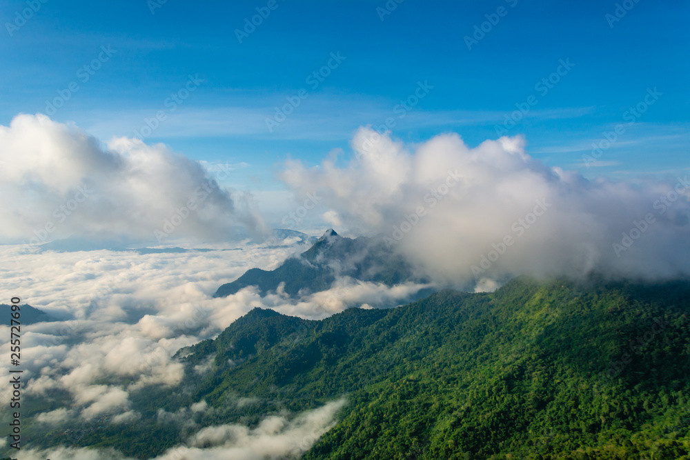 Beautiful mountain landscape in the Phu Chi fa National Park in Chiang Rai Province, Thailand.