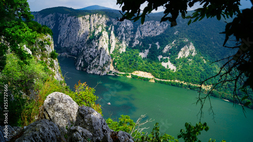 The iron gate of the Donau/danube river forms the natural border between Serbia and Romania. The Serbian side is the Djerdap national park (Djerdapska klisura). This is the smallest point of the river photo