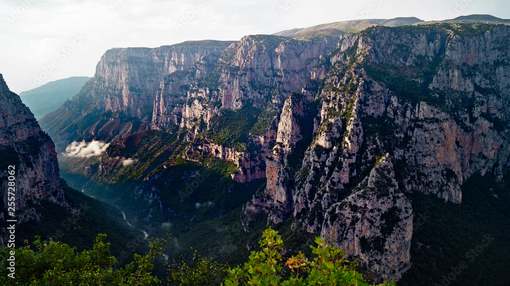 View from the Oxia viewpoint, close to the village of Tsepelovo and Monodendri, over the vikos gorge in the Zagori region, epirus, Greece.