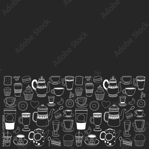 Coffee menu. Vector pattern with cappuccino, espresso. Kitchen, cooking, beverages.