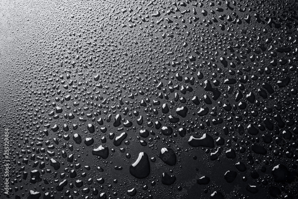 Shiny water drops on black surface, background Shiny water drops on black surface, background