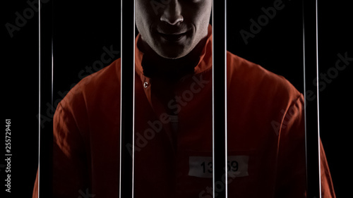 Obraz na plátně Mad serial killer standing behind prison bars and smirking, mental disorder
