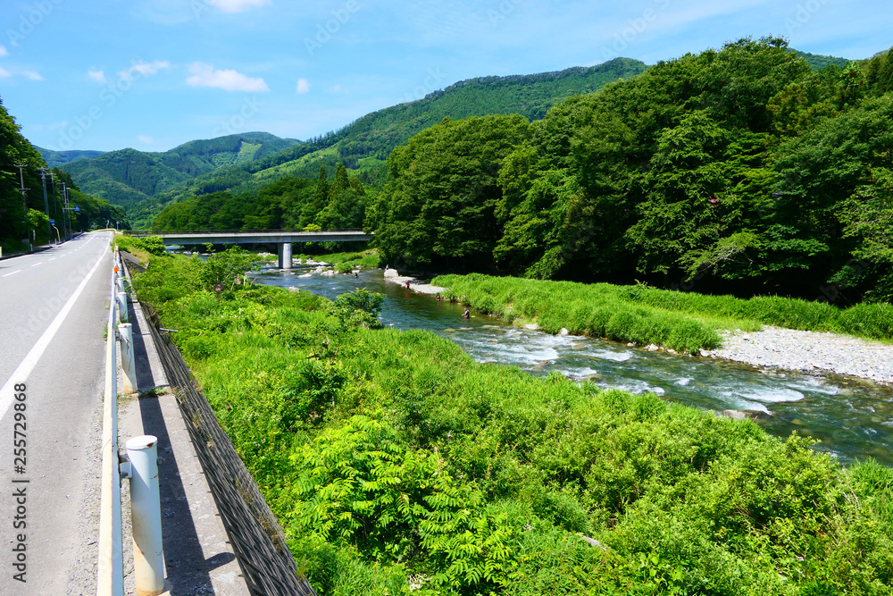 山間地の清流。夏の気仙川。陸前高田　岩手　日本。７月上旬。