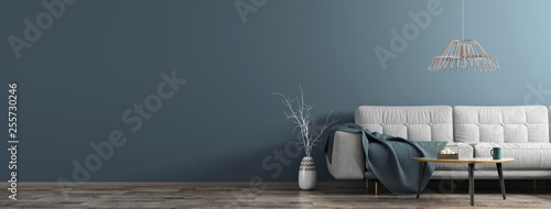 Interior of living room with white sofa, wooden coffee table, vase with branch panorama 3d rendering photo