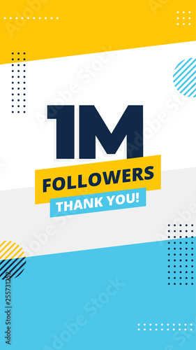 1M followers story post background template design. flyer banner for celebrating many followers in online social media platform. Minimal modern abstract vector style.