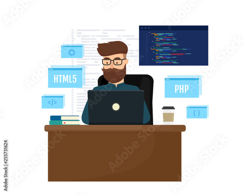 Young programmer coding a new project using laptop. Programming and Engineering concept. Vector illustration isolated on white background.