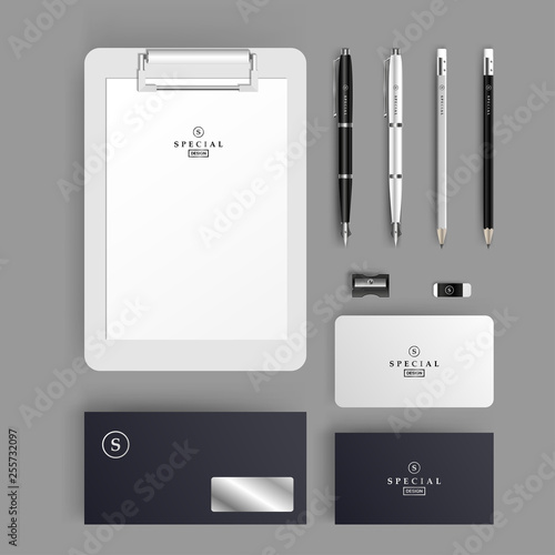 Business Brand identity Pealistic Mock-up set with logo template. Corporate Brand Identity Stationery Mockup set minimalism grey colour design on grey background