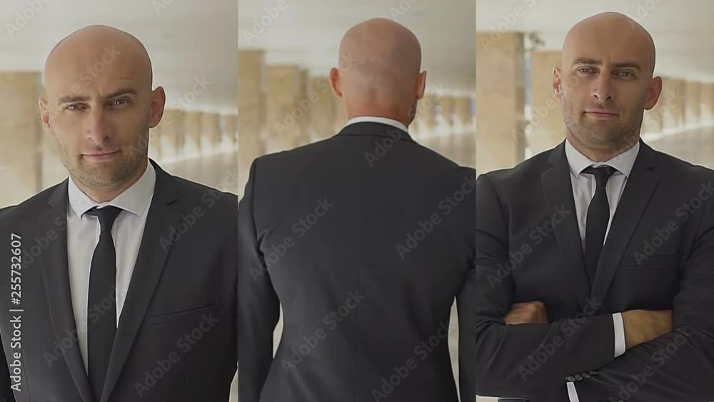 Collage of security guard walking in corridor. Multiscreen montage, split screen collage. Focused young man wearing formal suit walking in corridor. Concept of security
